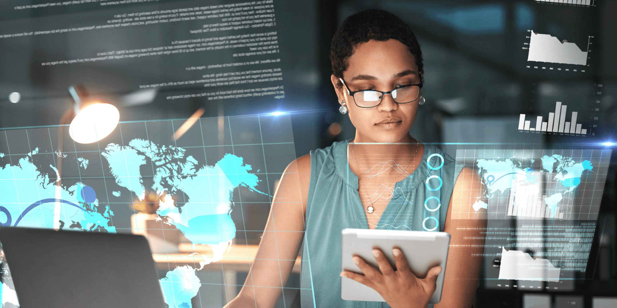 Business owner reviewing AI analytics data